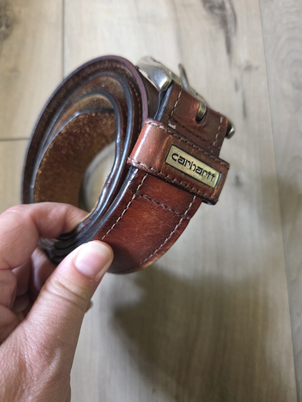 Carhartt Men's Chestnut Brown Leather Belt with Metal Logo Plate